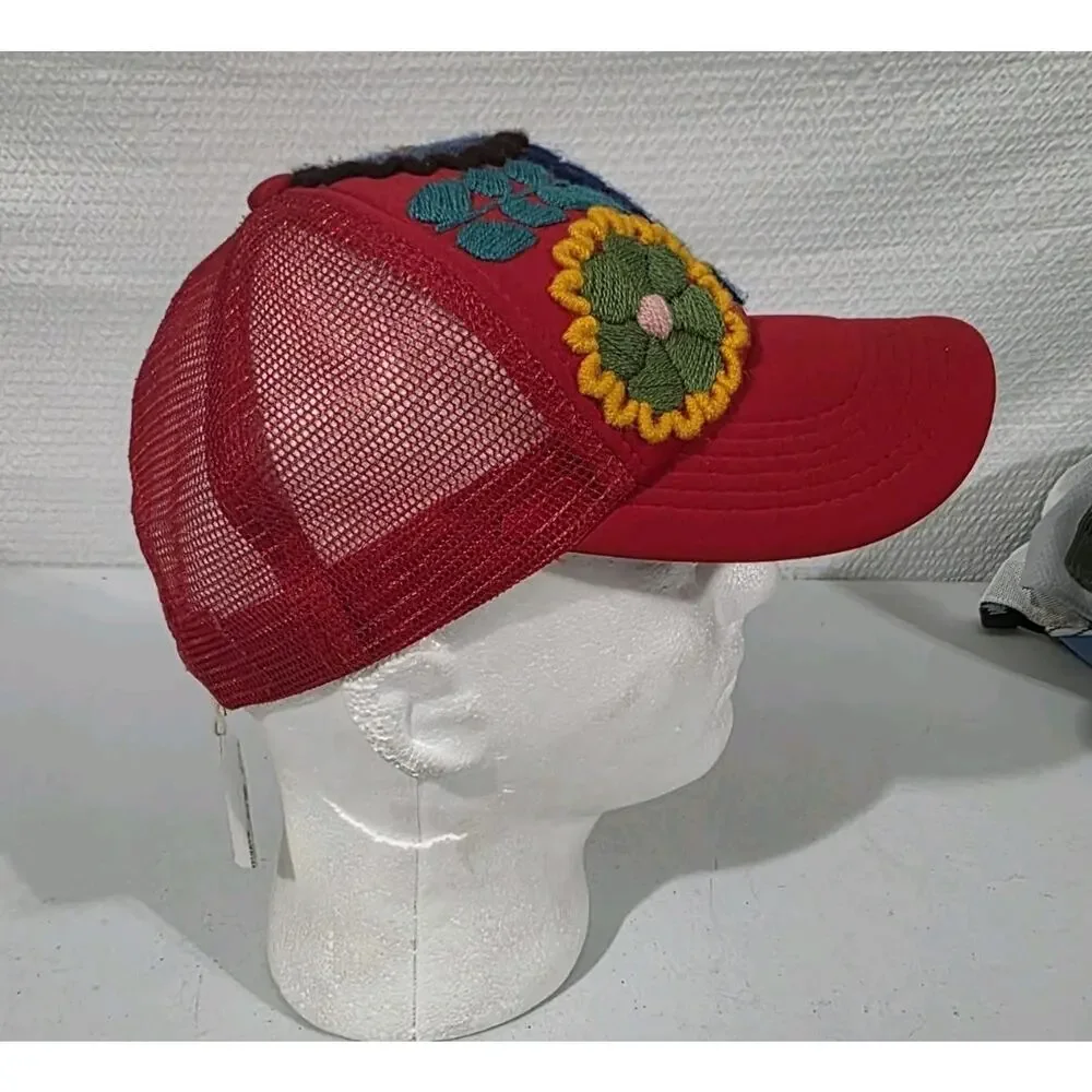Mexican Hand Embroidered Floral Trucker Hat Chiapas Oaxaca Folk Art Adjustable